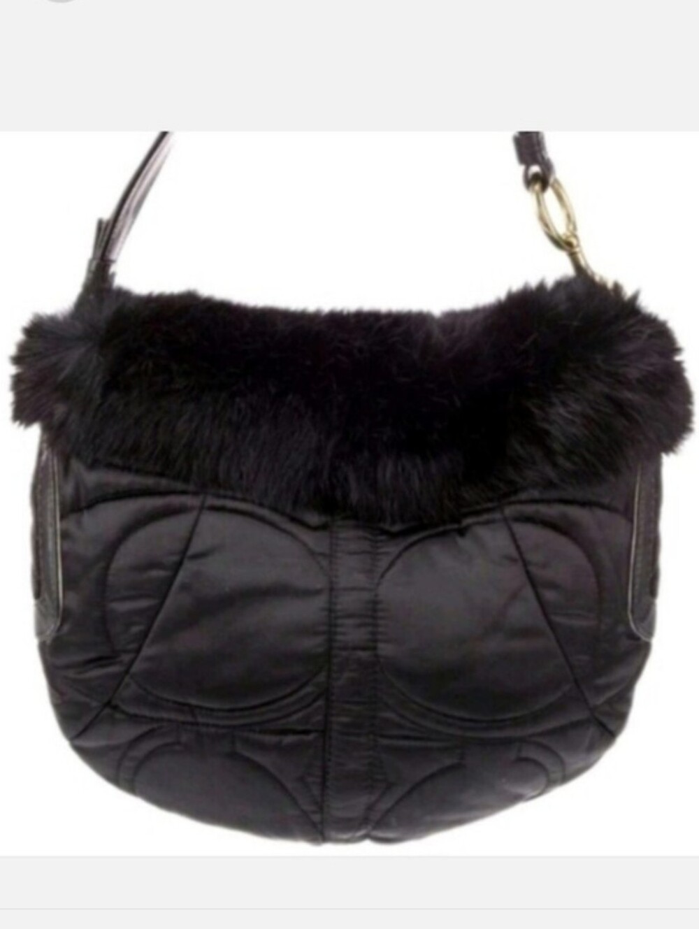 Coach Signature Black Rabbit Fur Fluffy Trim Quilted Shoulder Bag